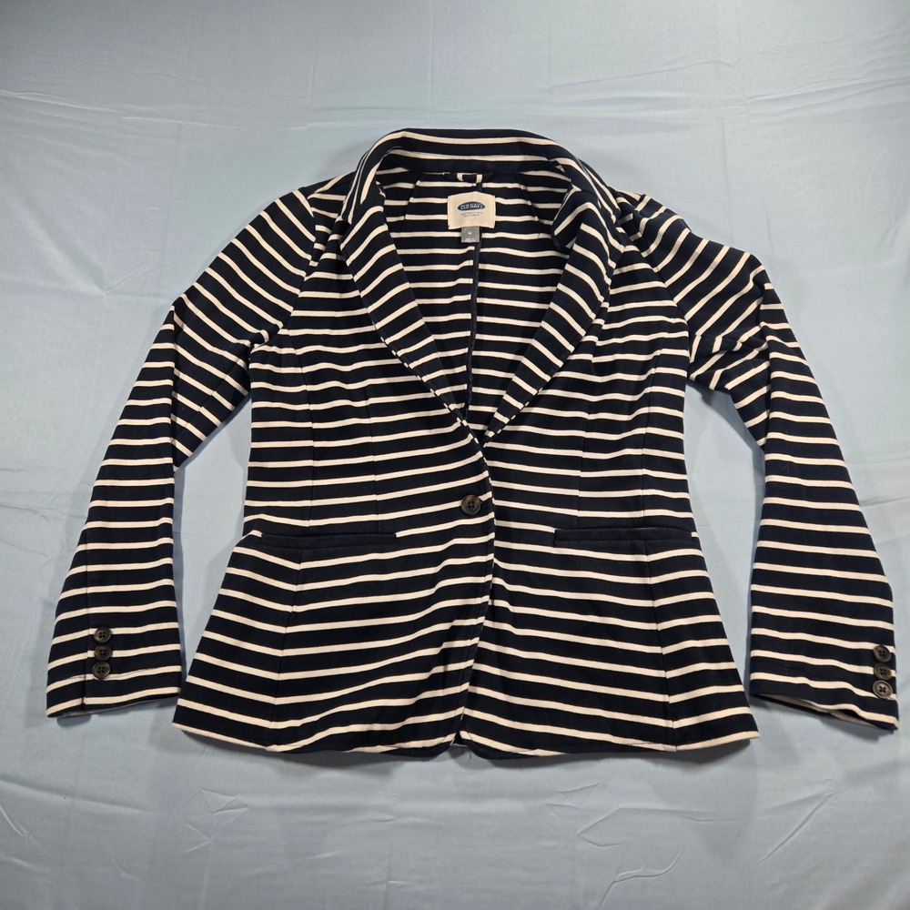 Old Navy Womens Navy Blue White Striped Jersey Knit Single Button Blazer Size M